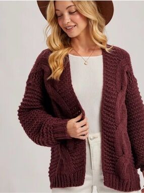 Bluivy Chunky Cable Knit Open Cardigan - Maroon